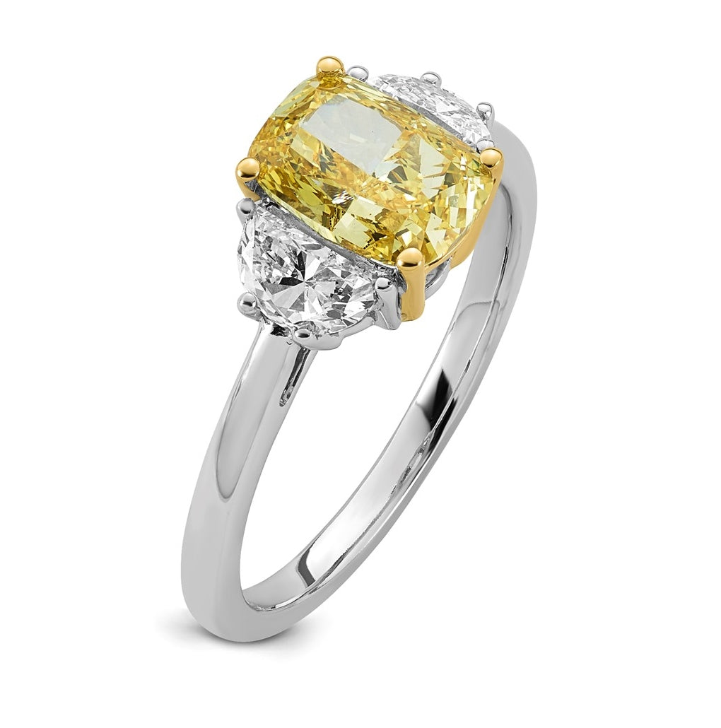 14k Two-Tone Gold 2 1/2ct Lab Grown Dia. Long Cushion VS+ Cert. Vivid Yellow & Half Moo