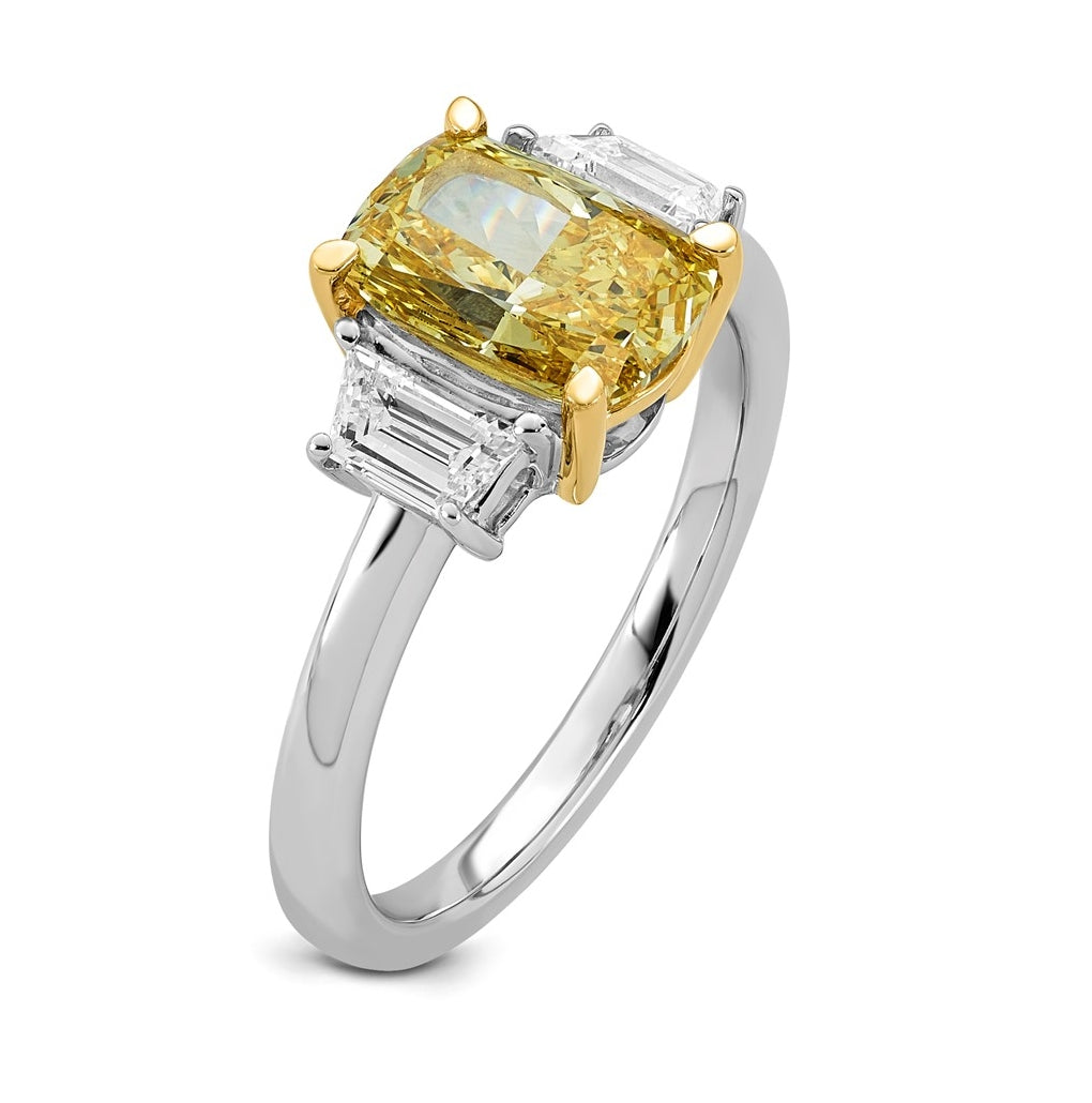 14k Two-Tone Gold 2 1/2ct Lab Grown Dia. Long Cushion VS+ Cert. Vivid Yellow & Trap VS+