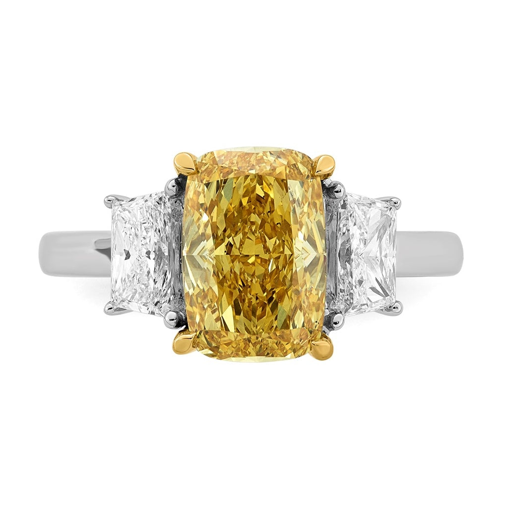14k Two-Tone Gold 3 7/8ct Lab Grown Dia. Long Cushion VS+ Cert. Vivid Yellow & Trap VS+