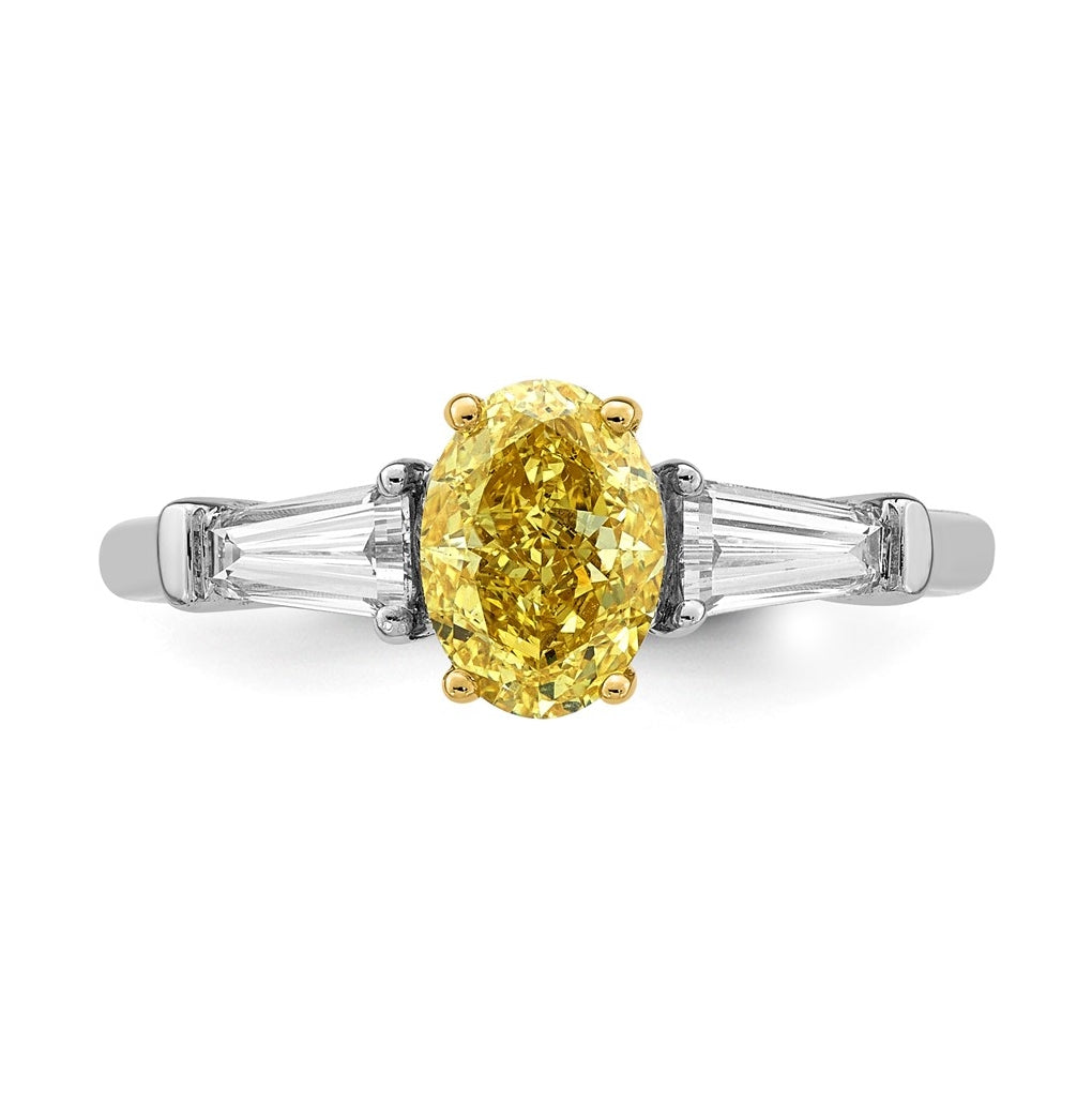 14k Two-Tone Gold 1 1/2ct Lab Grown Dia. Oval VS+ Cert. Vivid Yellow & Baguette VS+ F+