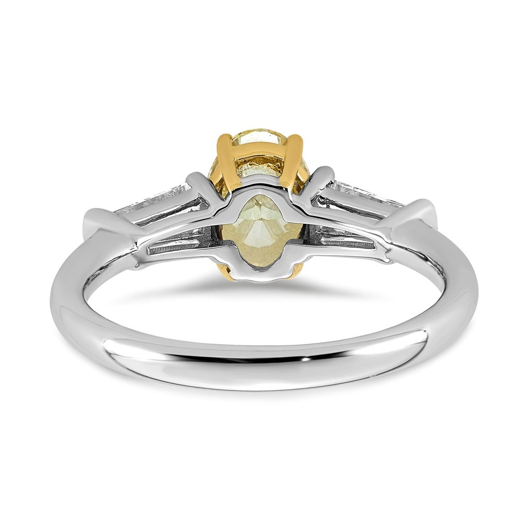 14k Two-Tone Gold 1 1/2ct Lab Grown Dia. Oval VS+ Cert. Vivid Yellow & Baguette VS+ F+