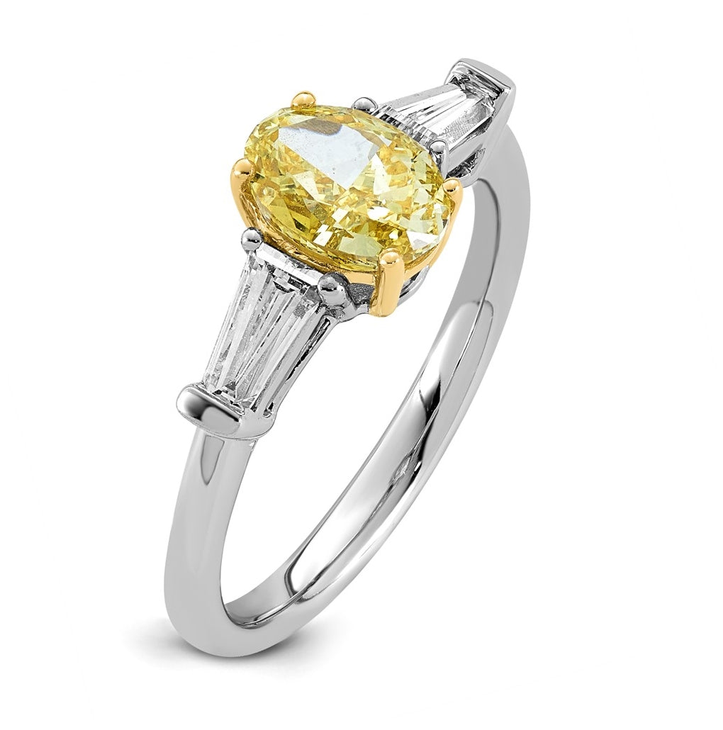 14k Two-Tone Gold 1 1/2ct Lab Grown Dia. Oval VS+ Cert. Vivid Yellow & Baguette VS+ F+