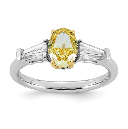 14k Two-Tone Gold 1 1/2ct Lab Grown Dia. Oval VS+ Cert. Vivid Yellow & Baguette VS+ F+