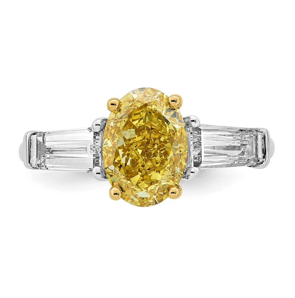 14k Two-Tone Gold 2 3/4ct Lab Grown Dia. Oval VS+ Cert. Vivid Yellow & Baguette VS+ F+
