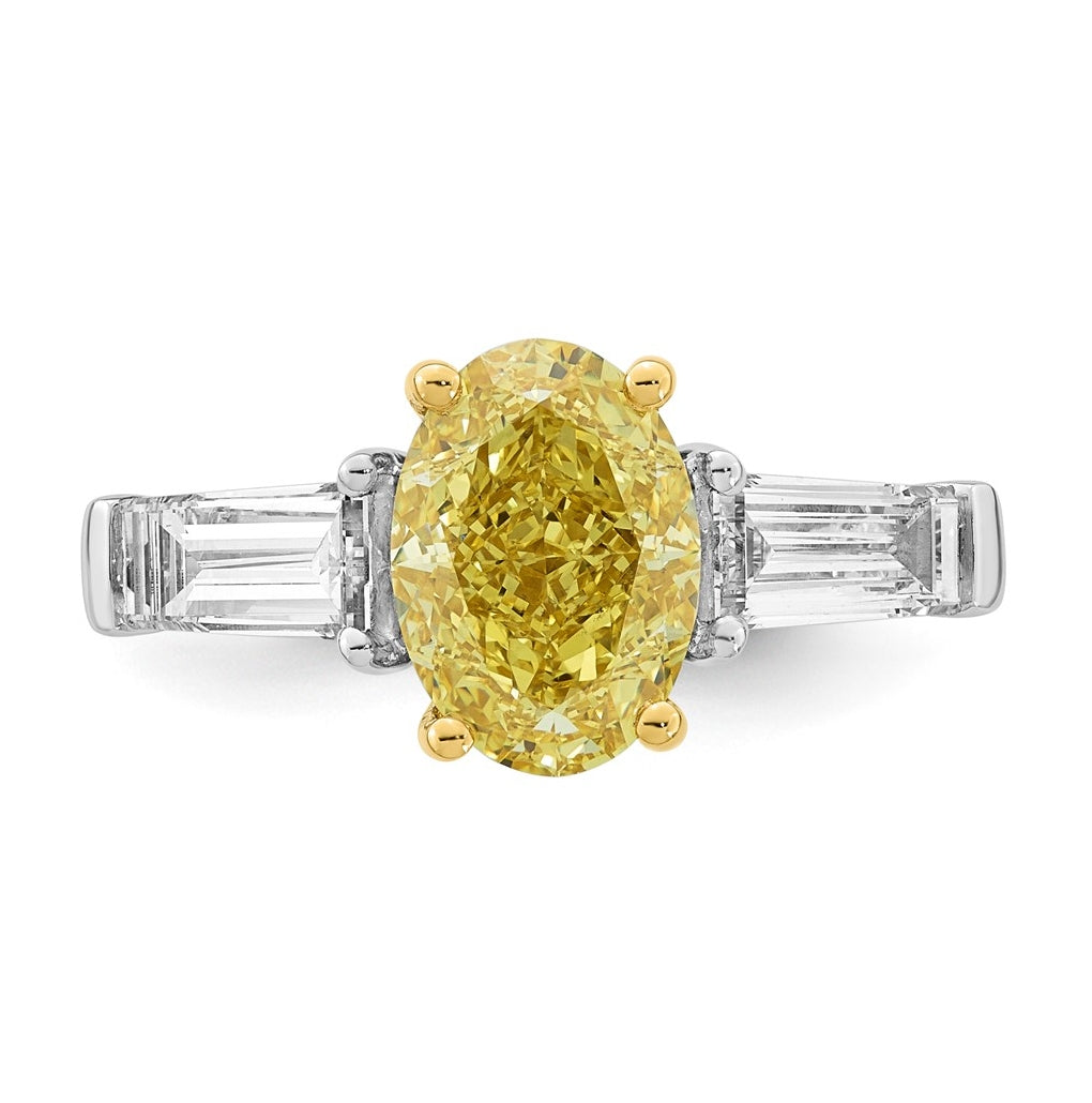 14k Two-Tone Gold 4 1/2ct Lab Grown Dia. Oval VS+ Cert. Vivid Yellow & Baguette VS+ F+
