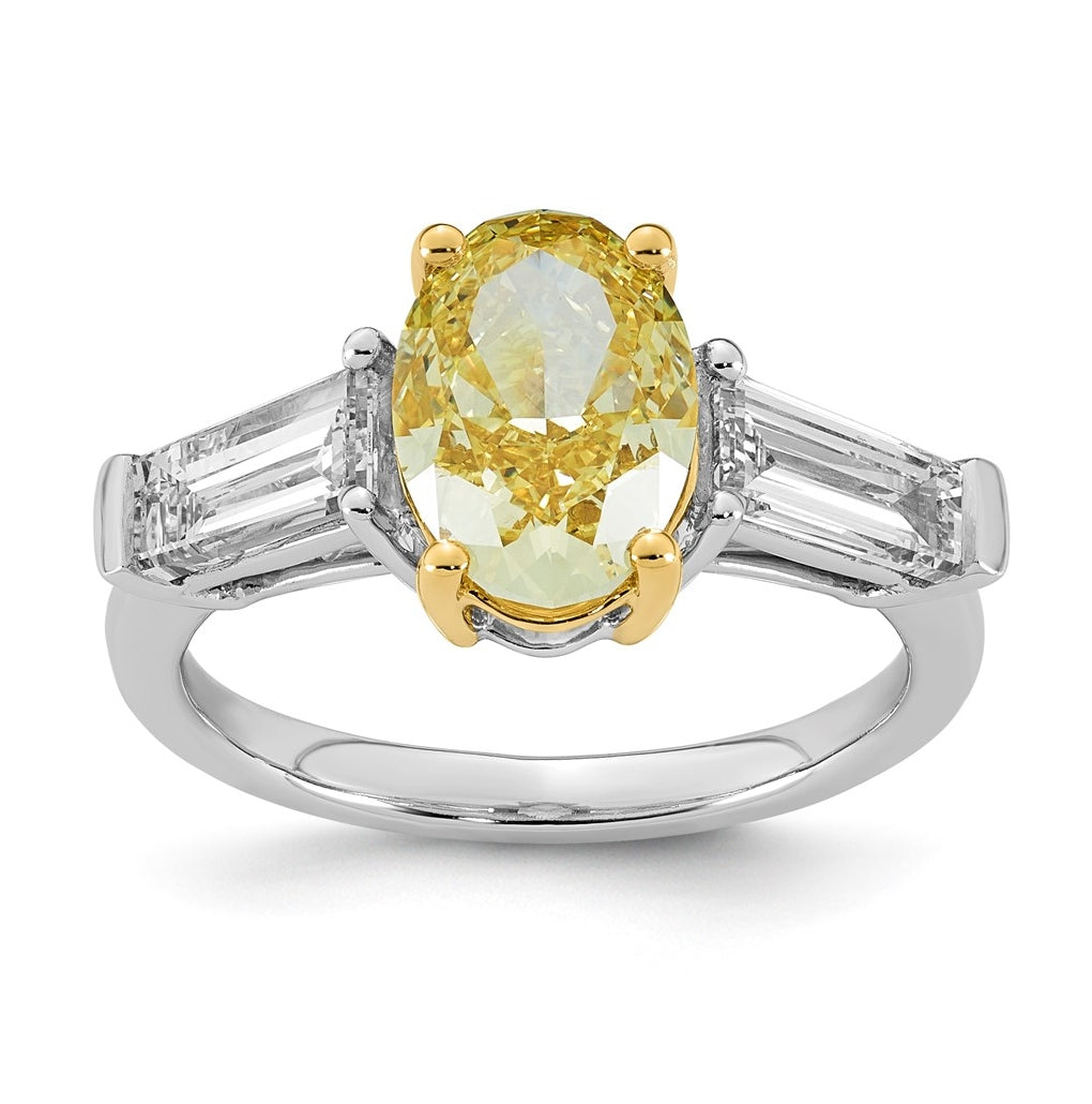 14k Two-Tone Gold 4 1/2ct Lab Grown Dia. Oval VS+ Cert. Vivid Yellow & Baguette VS+ F+