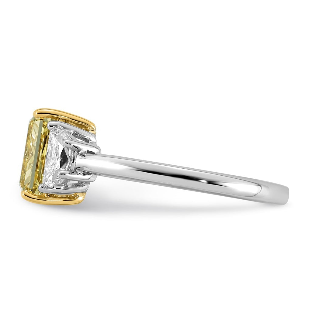 14k Two-Tone Gold 2 5/8ct Lab Grown Dia. Radiant VS+ Cert. Vivid Yellow & Half Moon VS+