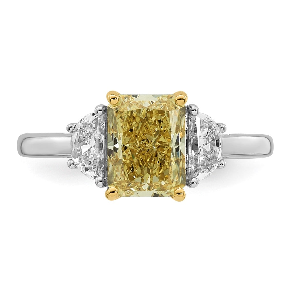 14k Two-Tone Gold 2 5/8ct Lab Grown Dia. Radiant VS+ Cert. Vivid Yellow & Half Moon VS+