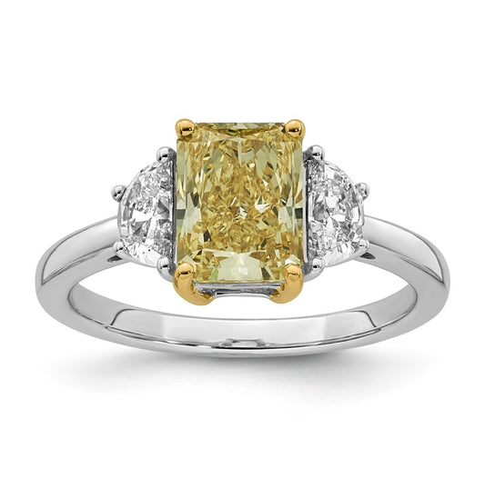 14k Two-Tone Gold 2 5/8ct Lab Grown Dia. Radiant VS+ Cert. Vivid Yellow & Half Moon VS+
