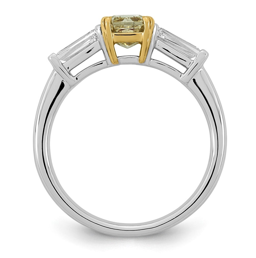 14k Two-Tone Gold 1 1/2ct Lab Grown Dia. Radiant VS+ Cert. Vivid Yellow & Baguette VS+