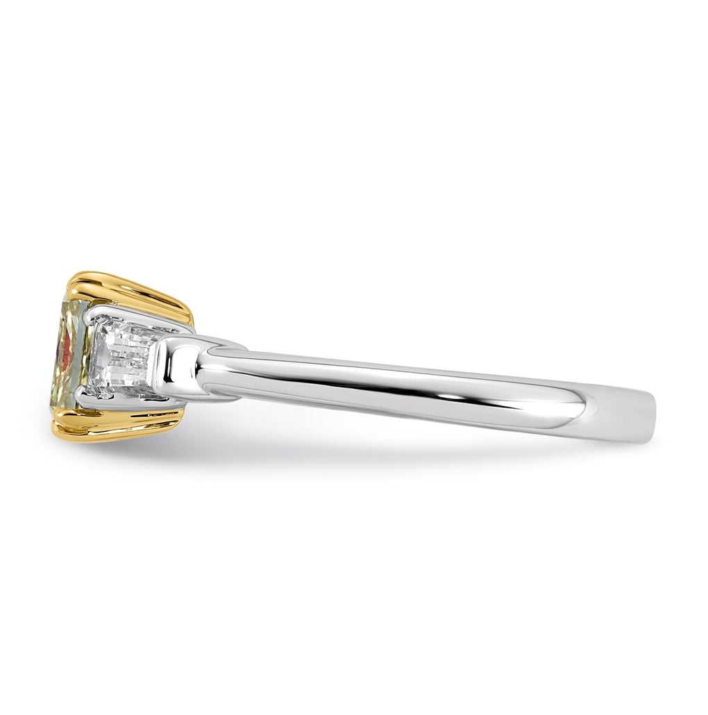 14k Two-Tone Gold 1 1/2ct Lab Grown Dia. Radiant VS+ Cert. Vivid Yellow & Baguette VS+