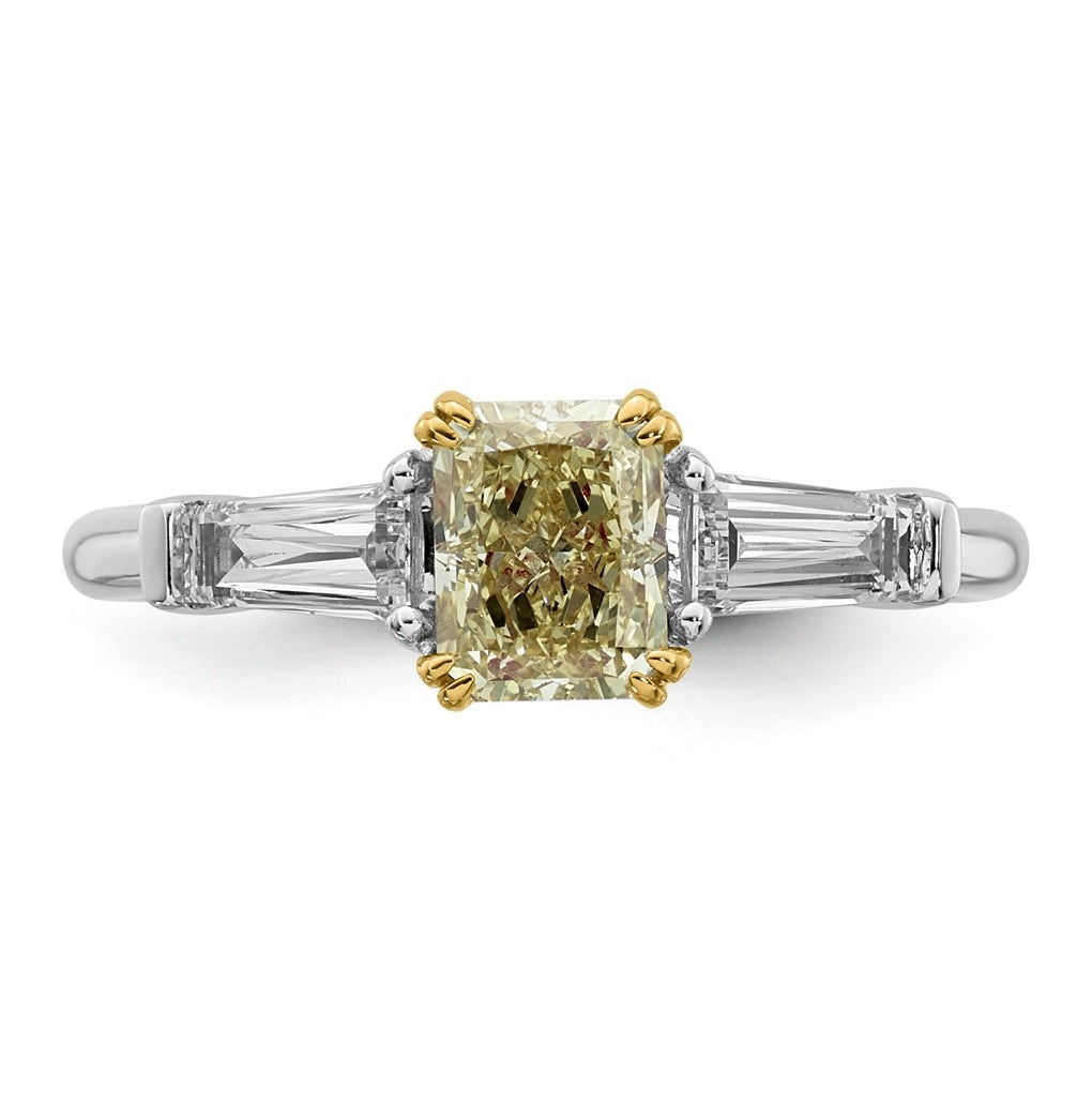 14k Two-Tone Gold 1 1/2ct Lab Grown Dia. Radiant VS+ Cert. Vivid Yellow & Baguette VS+