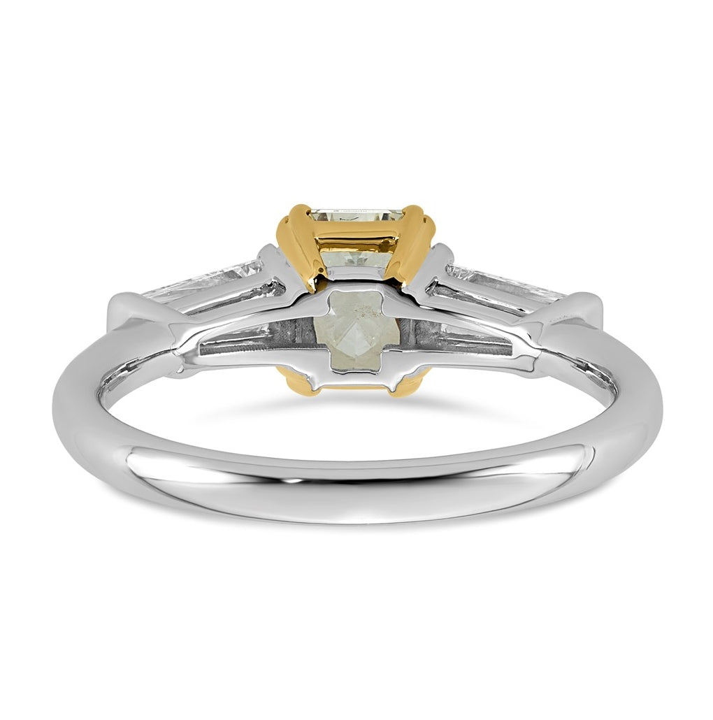14k Two-Tone Gold 1 1/2ct Lab Grown Dia. Radiant VS+ Cert. Vivid Yellow & Baguette VS+