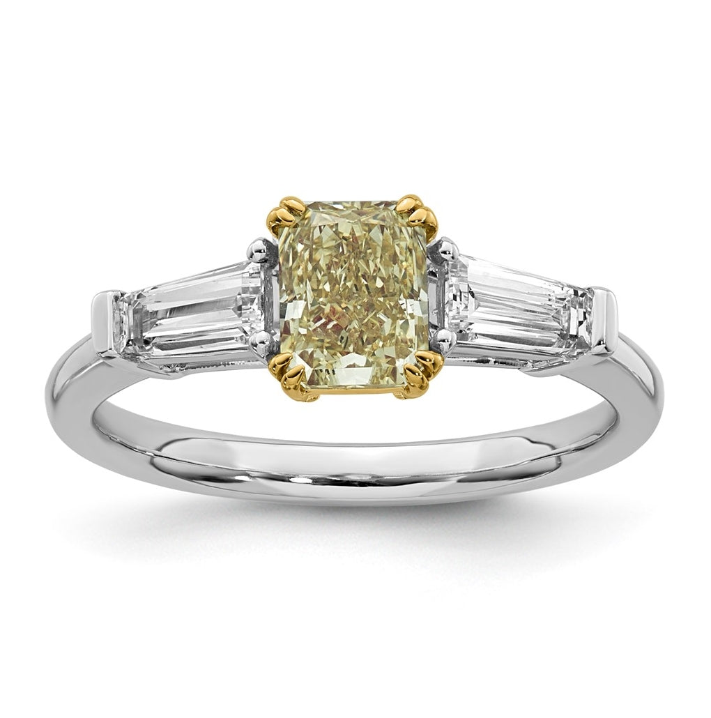 14k Two-Tone Gold 1 1/2ct Lab Grown Dia. Radiant VS+ Cert. Vivid Yellow & Baguette VS+
