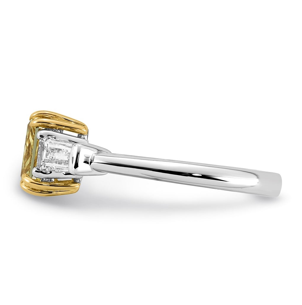 14k Two-Tone Gold 2 1/5ct Lab Grown Dia. Radiant VS+ Cert. Vivid Yellow & Baguette VS+