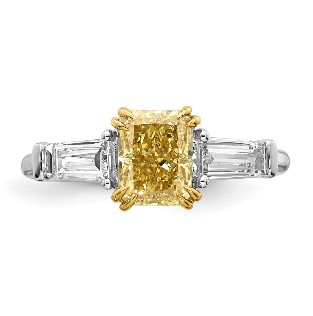 14k Two-Tone Gold 2 1/5ct Lab Grown Dia. Radiant VS+ Cert. Vivid Yellow & Baguette VS+