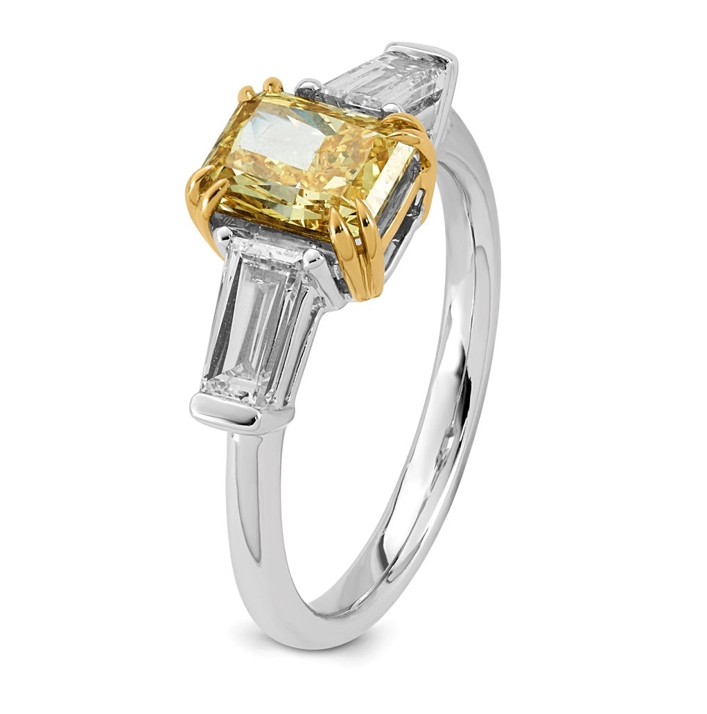 14k Two-Tone Gold 2 1/5ct Lab Grown Dia. Radiant VS+ Cert. Vivid Yellow & Baguette VS+