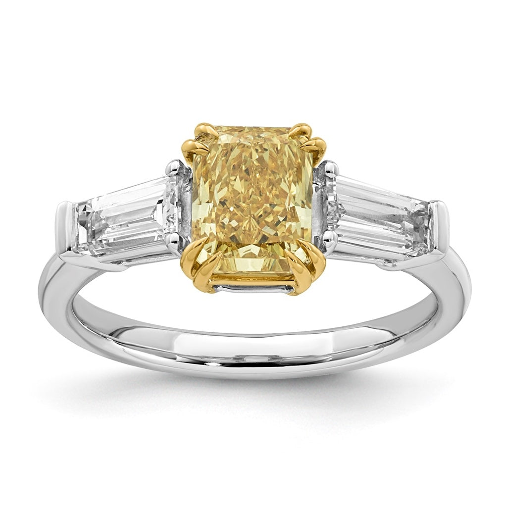 14k Two-Tone Gold 2 1/5ct Lab Grown Dia. Radiant VS+ Cert. Vivid Yellow & Baguette VS+