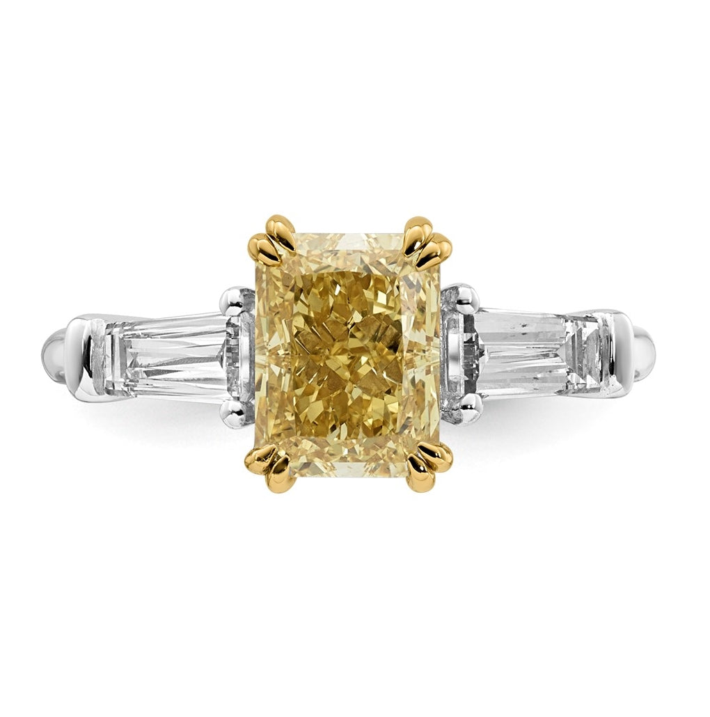 14k Two-Tone Gold 2 3/4ct Lab Grown Dia. Radiant VS+ Cert. Vivid Yellow & Baguette VS+