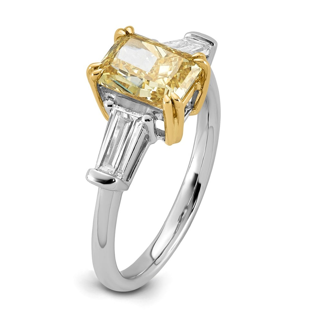 14k Two-Tone Gold 2 3/4ct Lab Grown Dia. Radiant VS+ Cert. Vivid Yellow & Baguette VS+