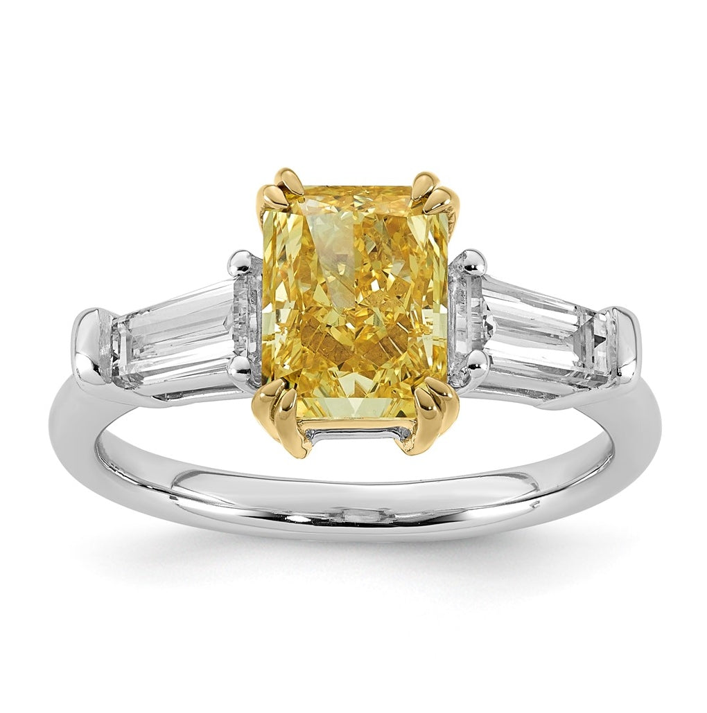 14k Two-Tone Gold 2 3/4ct Lab Grown Dia. Radiant VS+ Cert. Vivid Yellow & Baguette VS+