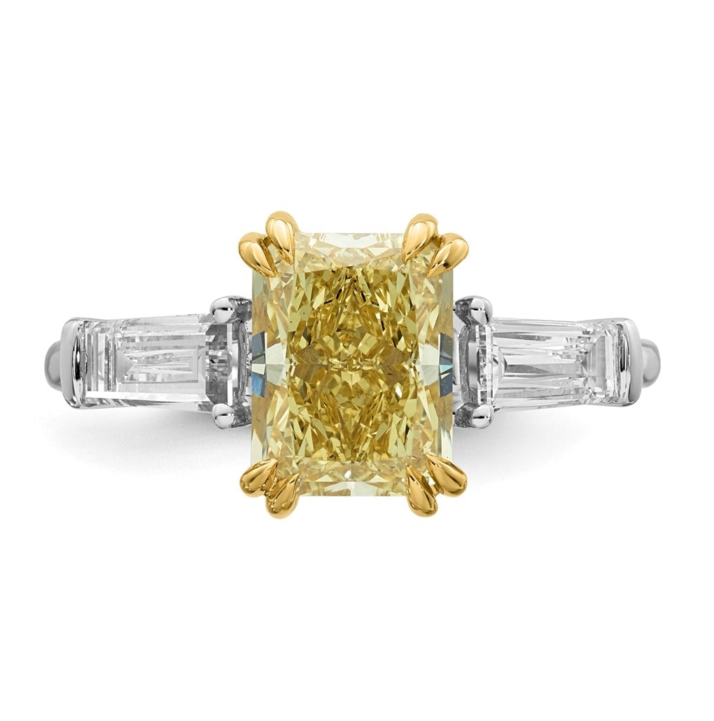 14k Two-Tone Gold 3 1/3ct Lab Grown Dia. Radiant VS+ Cert. Vivid Yellow & Baguette VS+