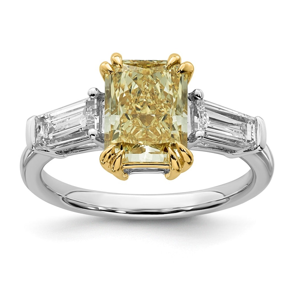 14k Two-Tone Gold 3 1/3ct Lab Grown Dia. Radiant VS+ Cert. Vivid Yellow & Baguette VS+