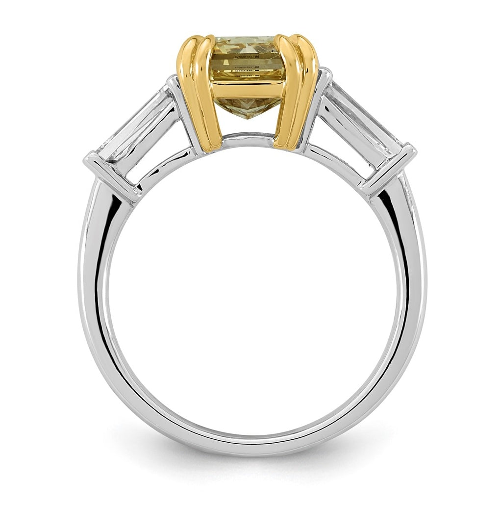 14k Two-Tone Gold 4ct Lab Grown Dia. Radiant VS+ Cert. Vivid Yellow & Baguette VS+ F+ R