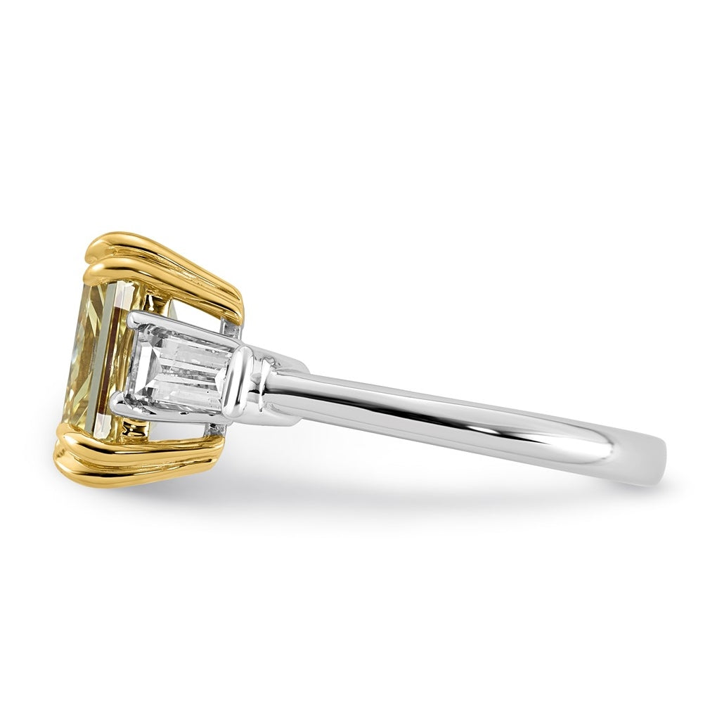 14k Two-Tone Gold 4ct Lab Grown Dia. Radiant VS+ Cert. Vivid Yellow & Baguette VS+ F+ R