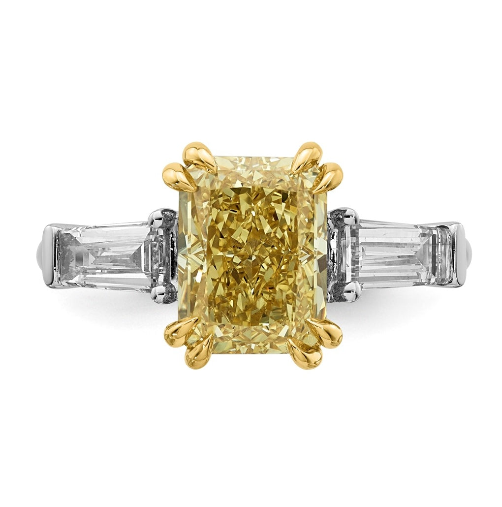 14k Two-Tone Gold 4ct Lab Grown Dia. Radiant VS+ Cert. Vivid Yellow & Baguette VS+ F+ R