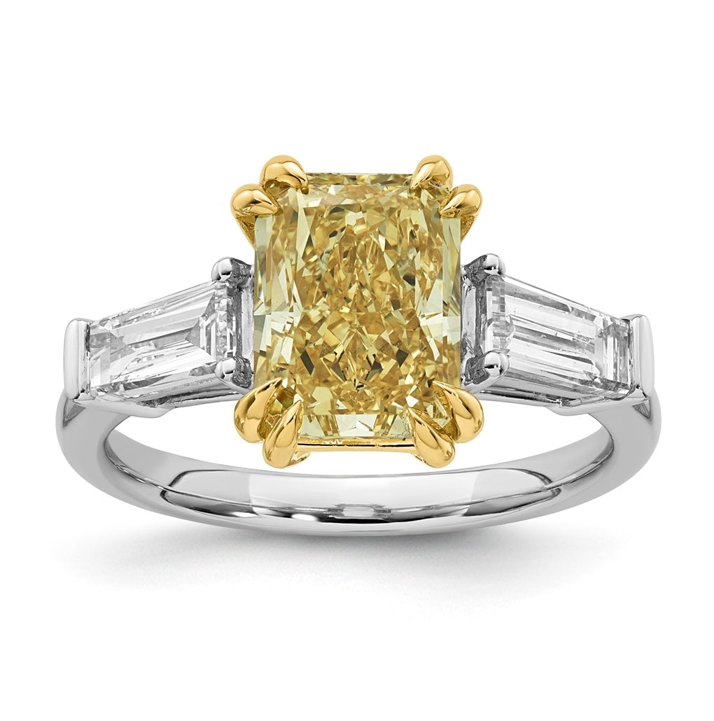 14k Two-Tone Gold 4ct Lab Grown Dia. Radiant VS+ Cert. Vivid Yellow & Baguette VS+ F+ R