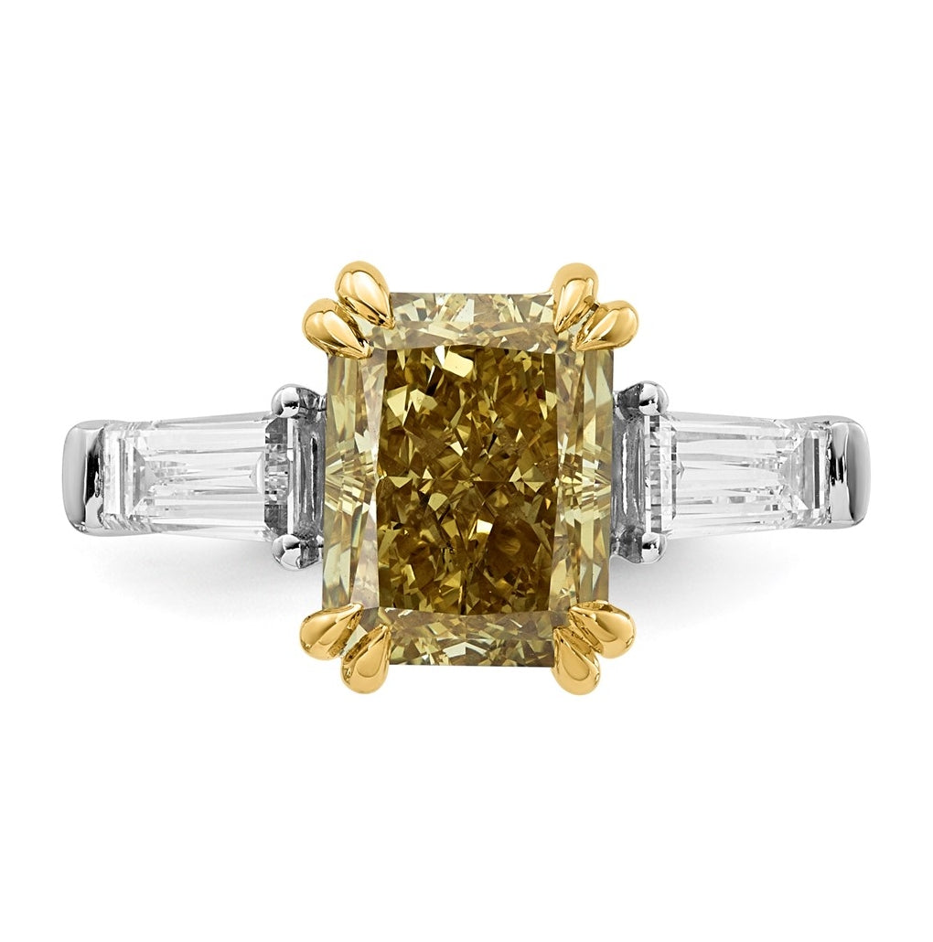 14k Two-Tone Gold 4 1/2ct Lab Grown Dia. Radiant VS+ Cert. Vivid Yellow & Baguette VS+