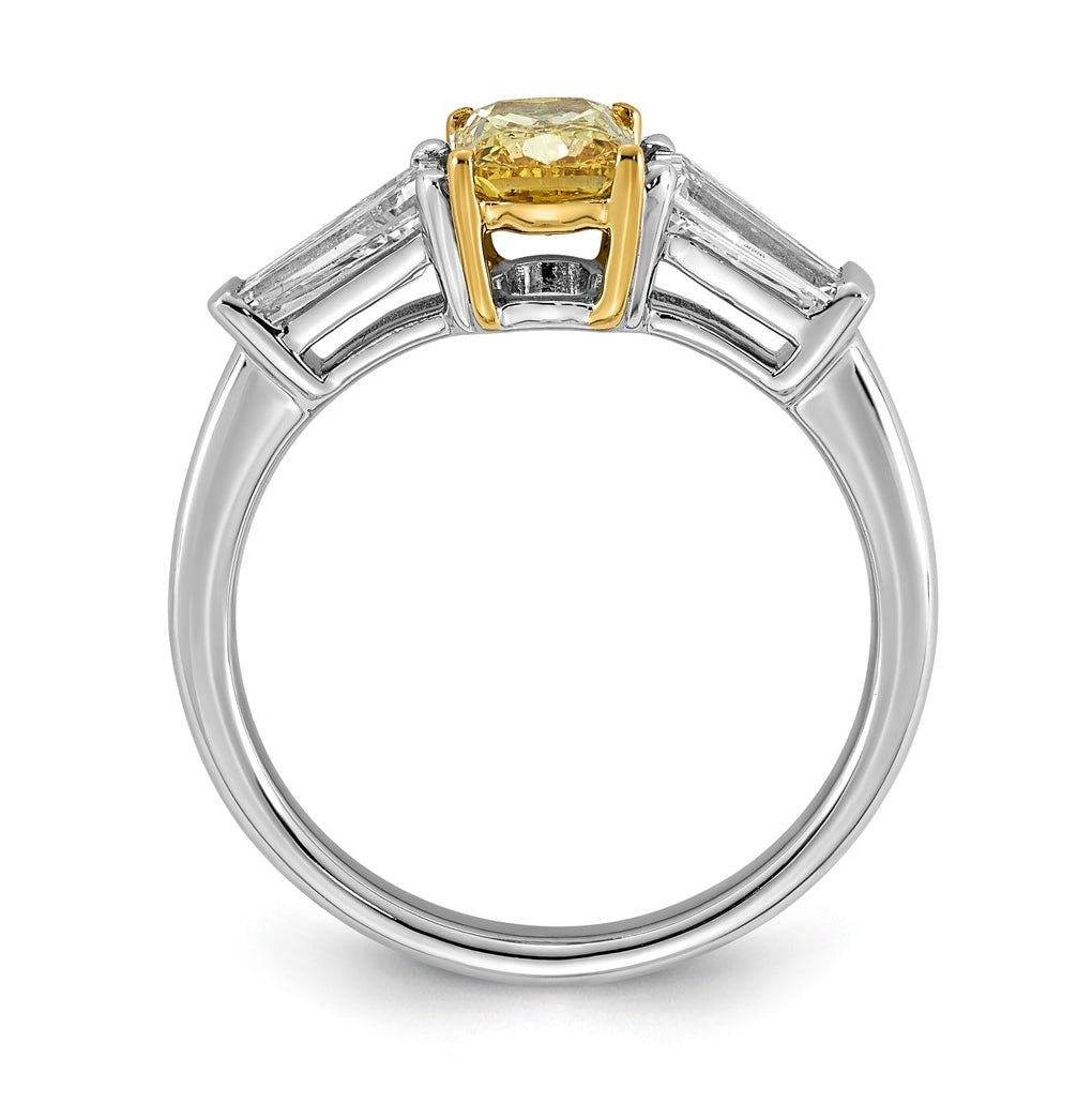 14k Two-Tone Gold Lab Grown Dia. Long Cushion VS+ Cert. Vivid Yellow & Baguette VS+ F+