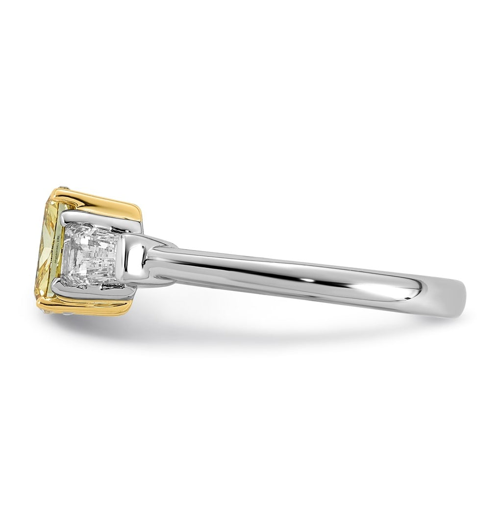 14k Two-Tone Gold Lab Grown Dia. Long Cushion VS+ Cert. Vivid Yellow & Baguette VS+ F+