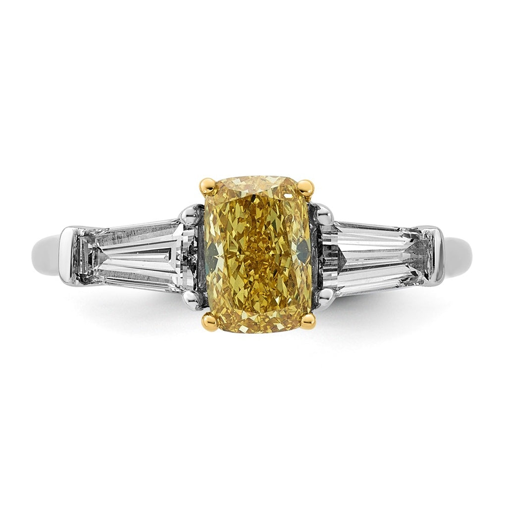 14k Two-Tone Gold Lab Grown Dia. Long Cushion VS+ Cert. Vivid Yellow & Baguette VS+ F+