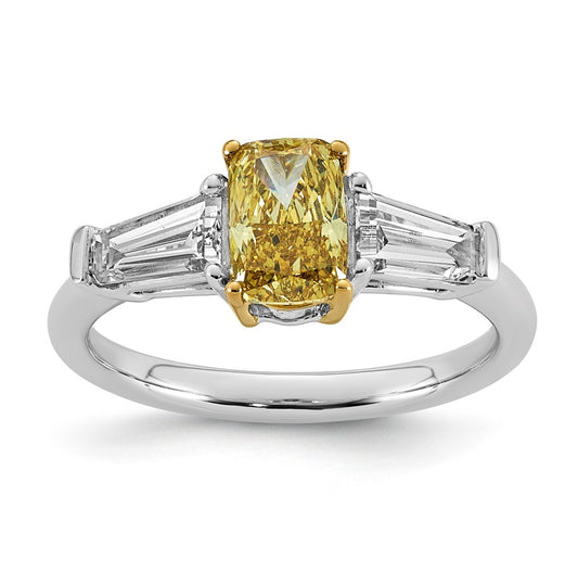 14k Two-Tone Gold Lab Grown Dia. Long Cushion VS+ Cert. Vivid Yellow & Baguette VS+ F+