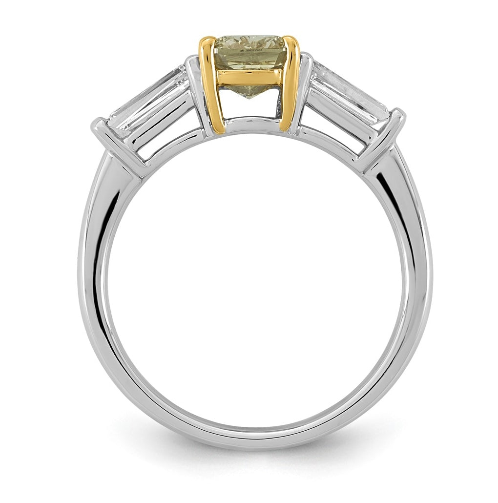 14k Two-Tone Gold Lab Grown Dia. Long Cushion VS+ Cert. Vivid Yellow & Baguette VS+ F+