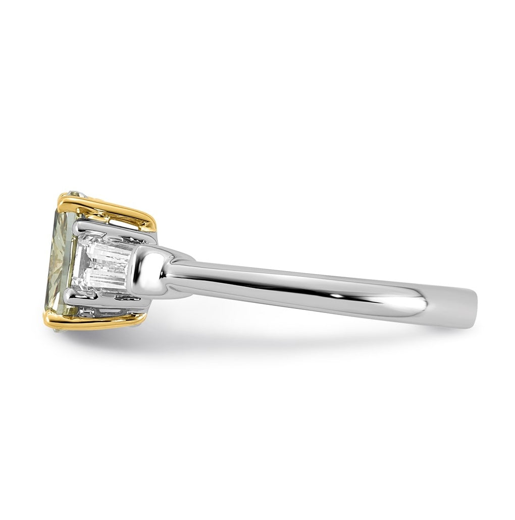 14k Two-Tone Gold Lab Grown Dia. Long Cushion VS+ Cert. Vivid Yellow & Baguette VS+ F+