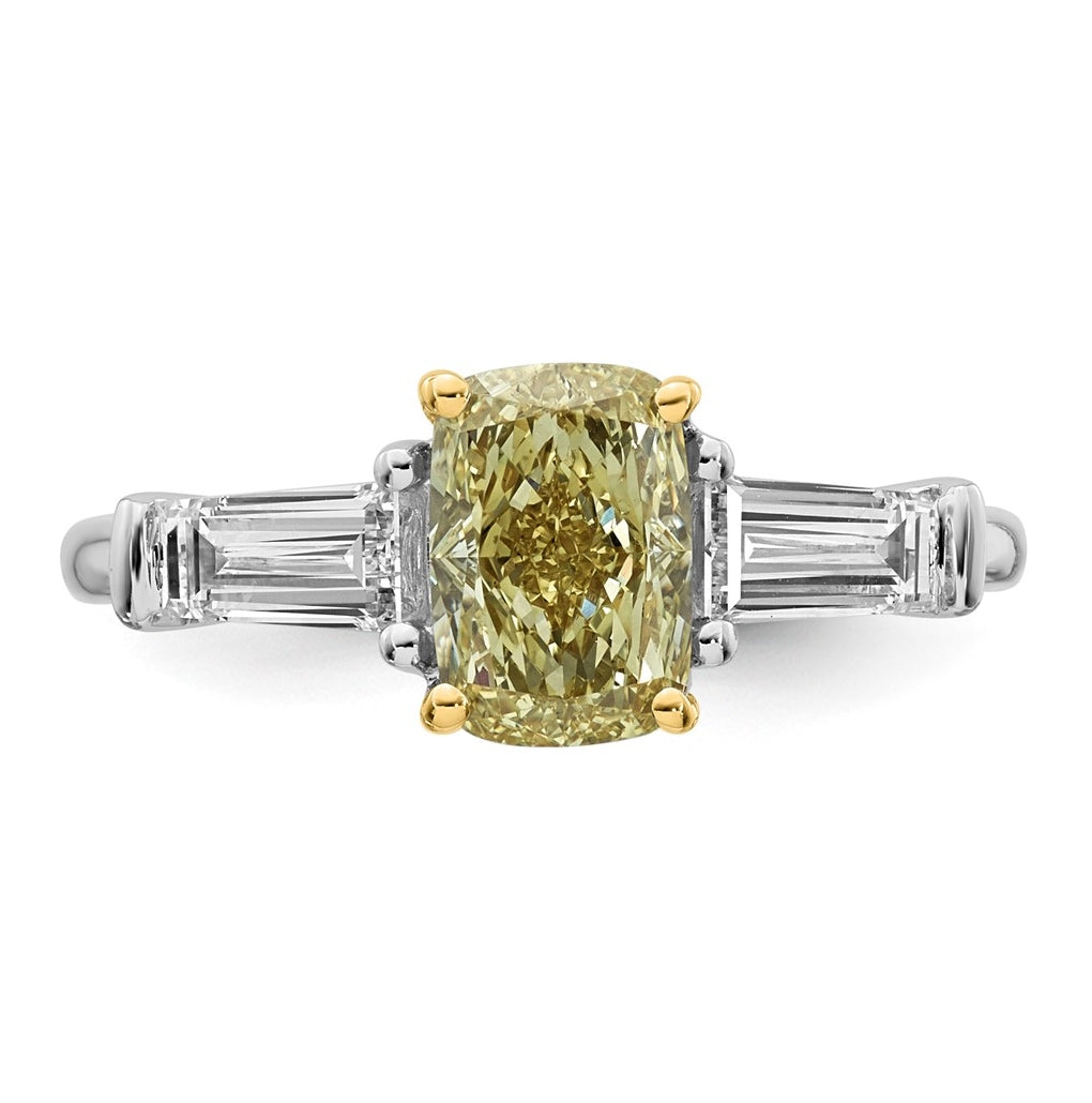 14k Two-Tone Gold Lab Grown Dia. Long Cushion VS+ Cert. Vivid Yellow & Baguette VS+ F+