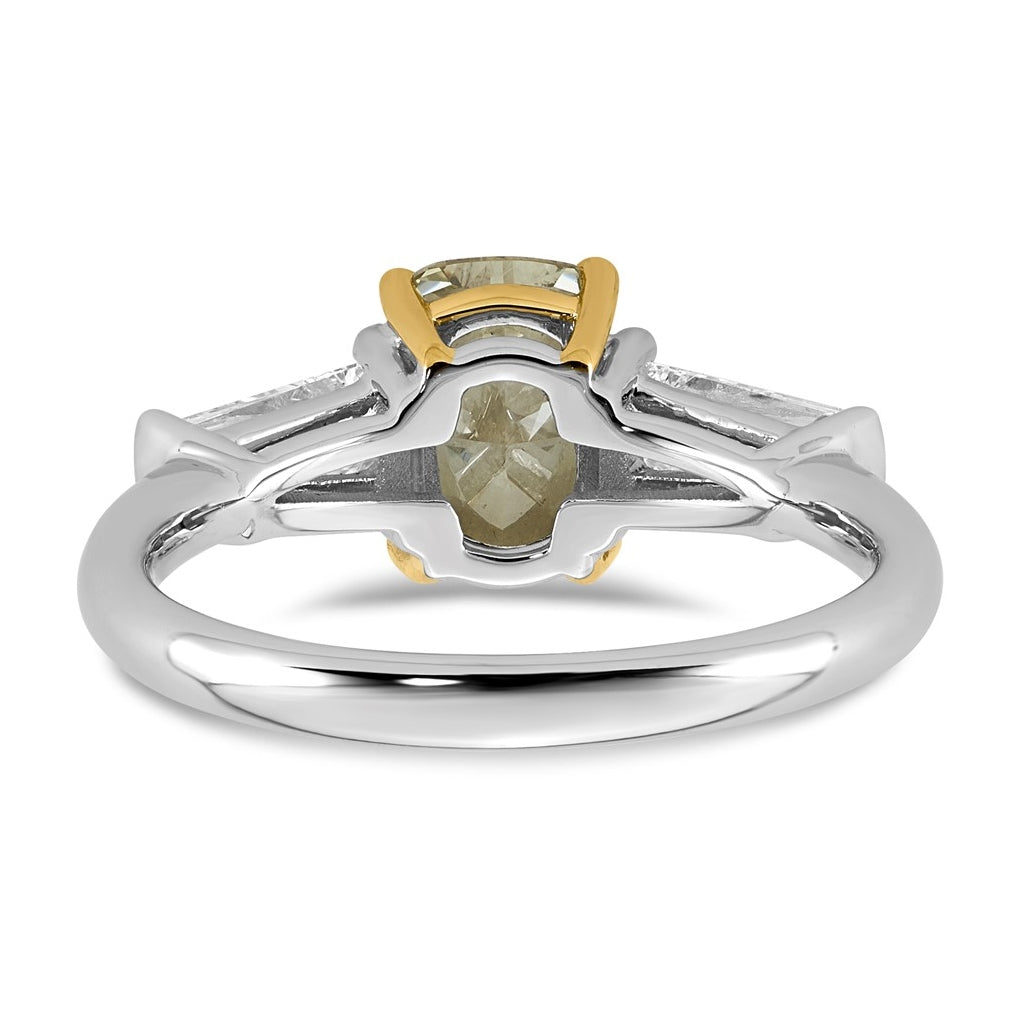 14k Two-Tone Gold Lab Grown Dia. Long Cushion VS+ Cert. Vivid Yellow & Baguette VS+ F+
