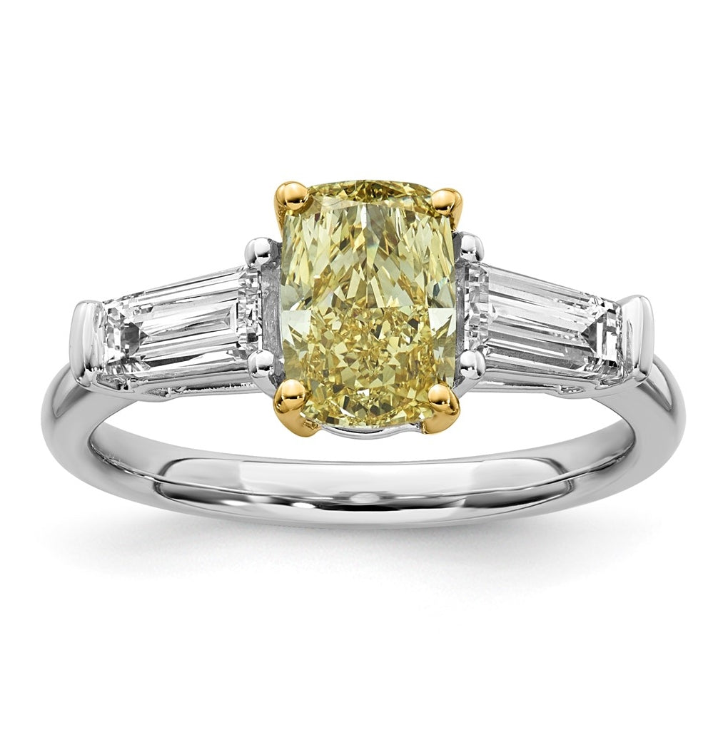 14k Two-Tone Gold Lab Grown Dia. Long Cushion VS+ Cert. Vivid Yellow & Baguette VS+ F+