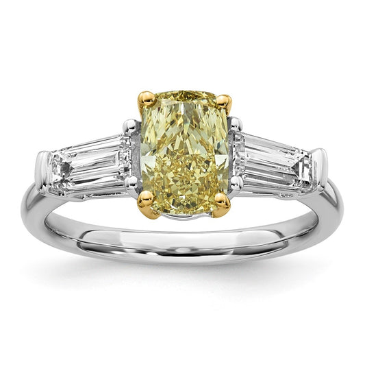 14k Two-Tone Gold Lab Grown Dia. Long Cushion VS+ Cert. Vivid Yellow & Baguette VS+ F+