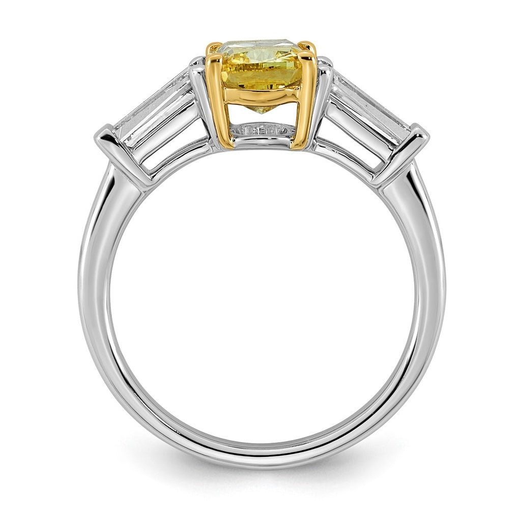 14k Two-Tone Gold Lab Grown Dia. Long Cushion VS+ Cert. Vivid Yellow & Baguette VS+ F+