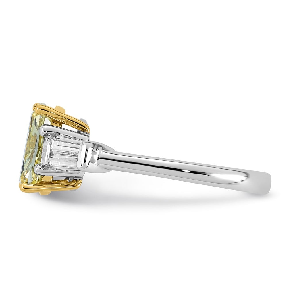 14k Two-Tone Gold Lab Grown Dia. Long Cushion VS+ Cert. Vivid Yellow & Baguette VS+ F+