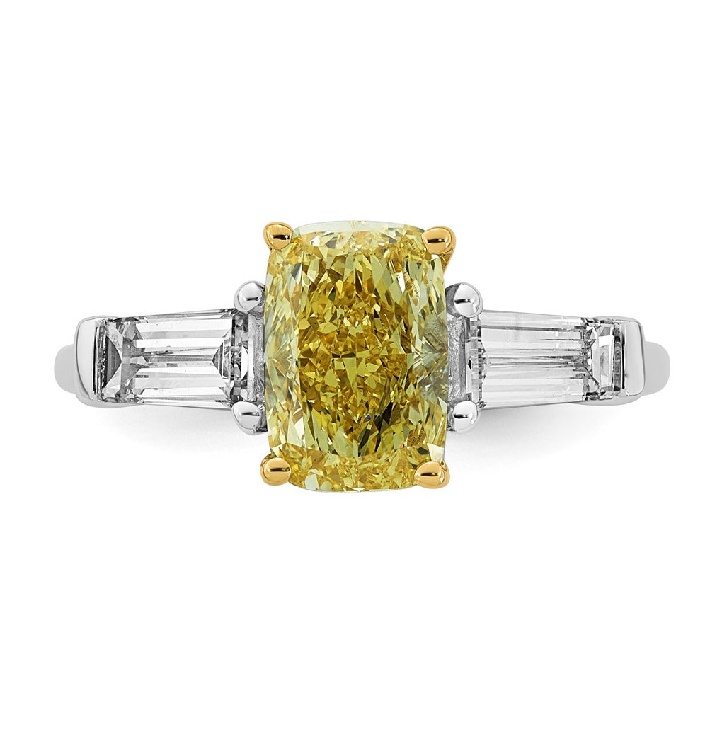 14k Two-Tone Gold Lab Grown Dia. Long Cushion VS+ Cert. Vivid Yellow & Baguette VS+ F+