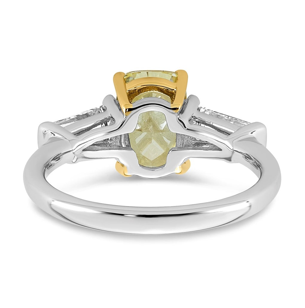 14k Two-Tone Gold Lab Grown Dia. Long Cushion VS+ Cert. Vivid Yellow & Baguette VS+ F+
