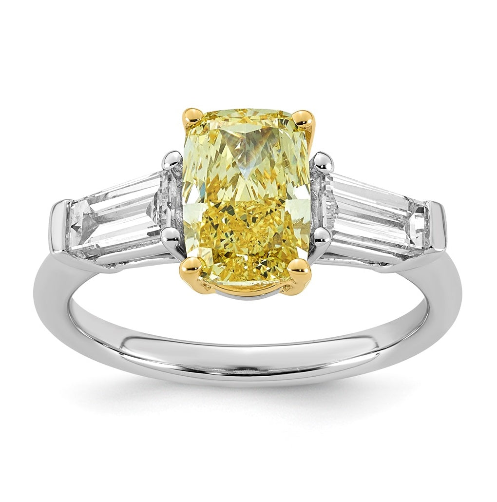 14k Two-Tone Gold Lab Grown Dia. Long Cushion VS+ Cert. Vivid Yellow & Baguette VS+ F+