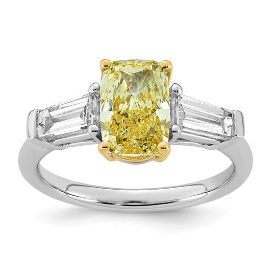 14k Two-Tone Gold Lab Grown Dia. Long Cushion VS+ Cert. Vivid Yellow & Baguette VS+ F+