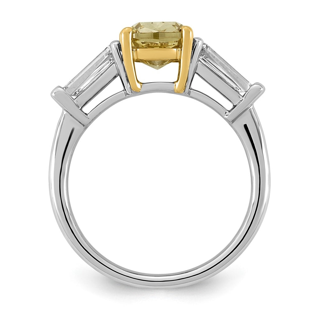 14k Two-Tone Gold Lab Grown Dia. Long Cushion VS+ Cert. Vivid Yellow & Baguette VS+ F+
