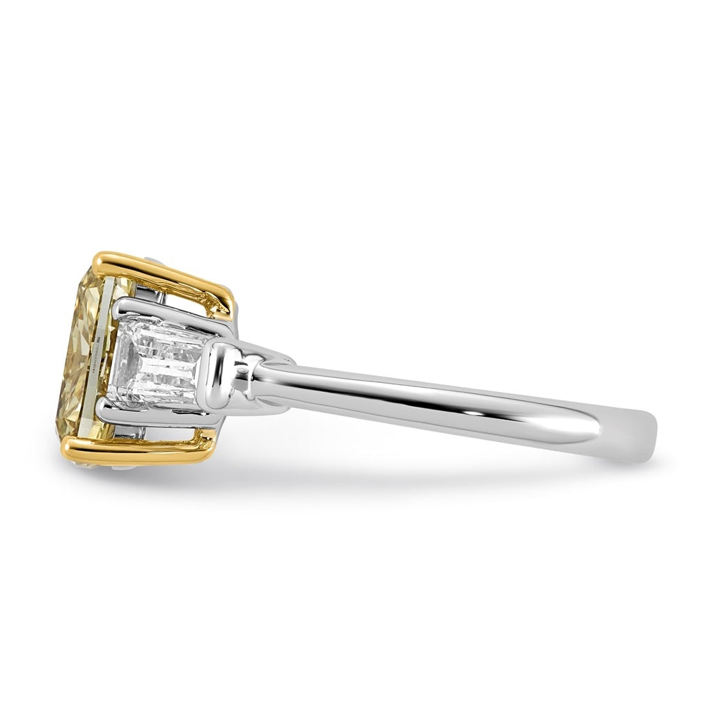 14k Two-Tone Gold Lab Grown Dia. Long Cushion VS+ Cert. Vivid Yellow & Baguette VS+ F+